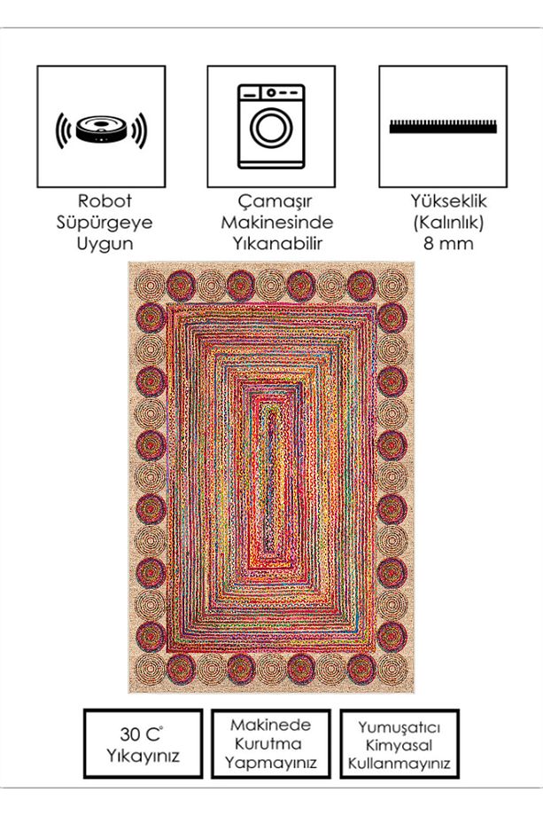 Kilim Hasır Desen Dijital Baskı Yıkanabilir Kaymaz Taban Salon Mutfak Balkon Halısı Yolluk - 3