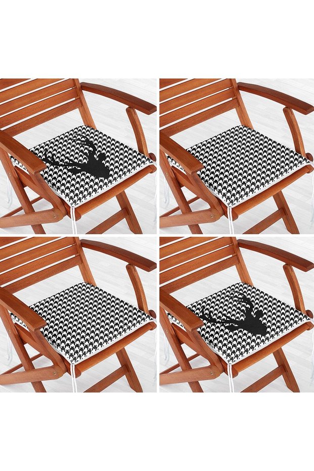 4-Piece Houndstooth Designed Deer Motif Zippered Chair Cushion Set