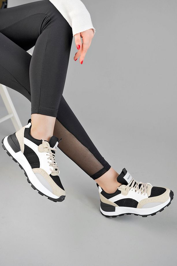 Unisex Siyah Bej Fileli Spor Ayakkabı - 2