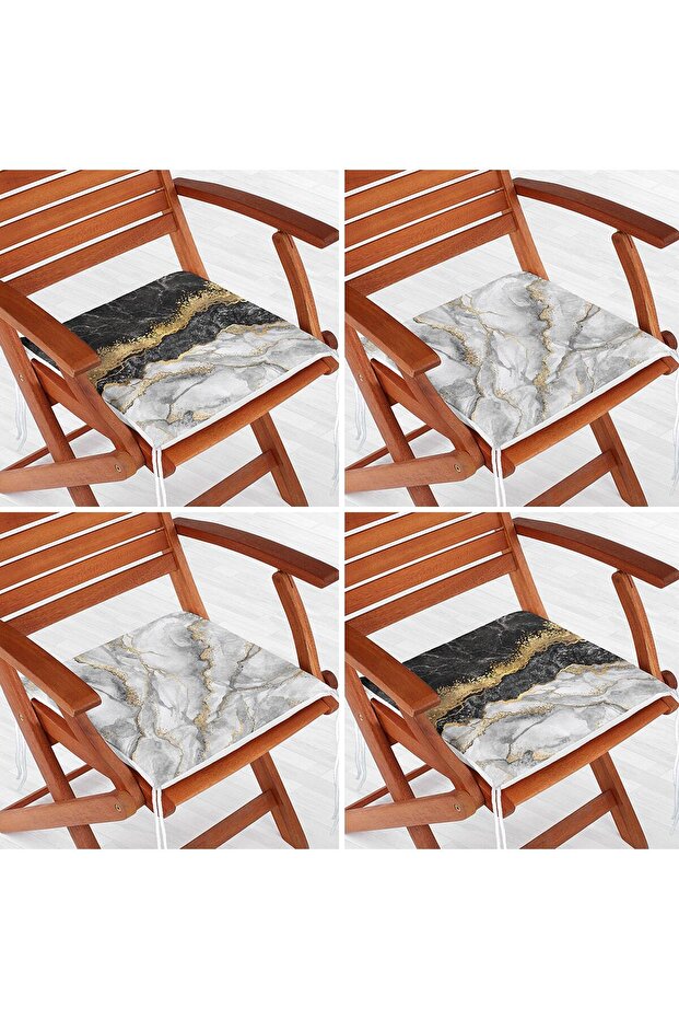 Set of 4 Black Silver Color Marble Patterned Zippered Chair Cushions