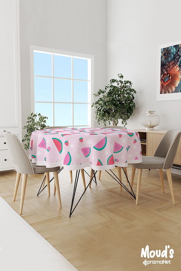 Pembe Karpuz Ve Çilek Desenli Yuvarlak Süet Dertsiz Masa Örtüsü - 1