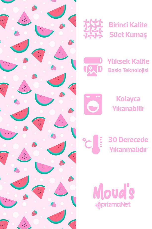 Pembe Karpuz Ve Çilek Desenli Yuvarlak Süet Dertsiz Masa Örtüsü - 2