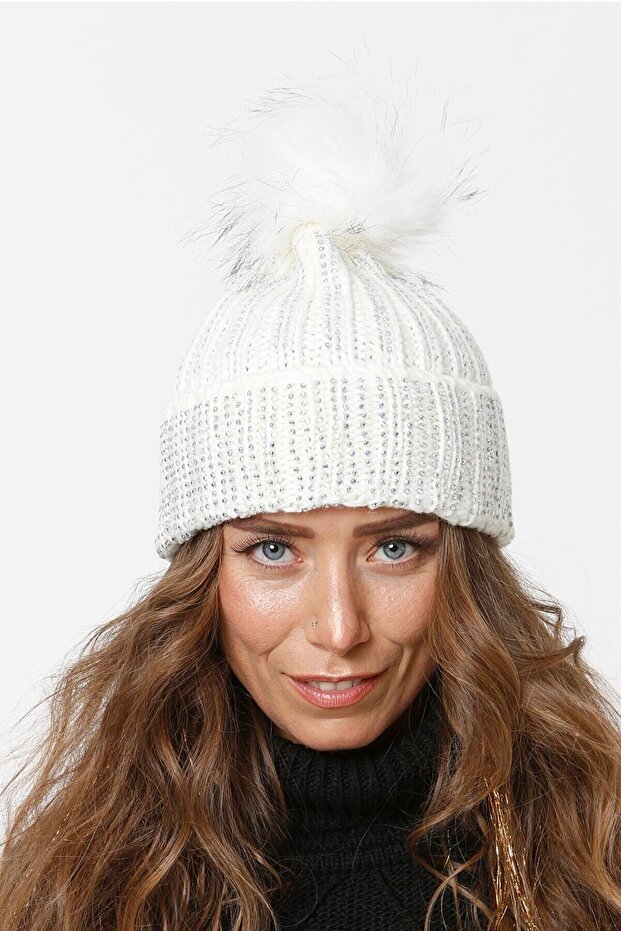 Stoned Folded Braided Beanie with Pompom Women's Winter Colorful Knitted Hat
