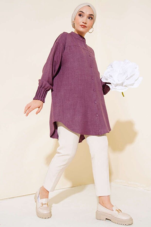 Women's Sleeve Ribbed Detailed Linen Shirt