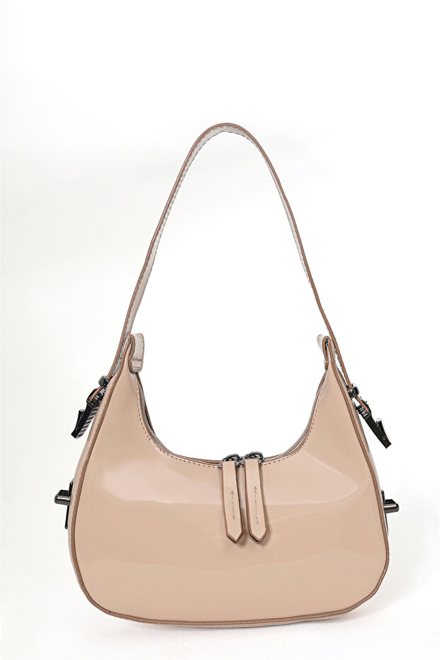 Women's Cream Patent Leather Shoulder Bag with Strap Detail