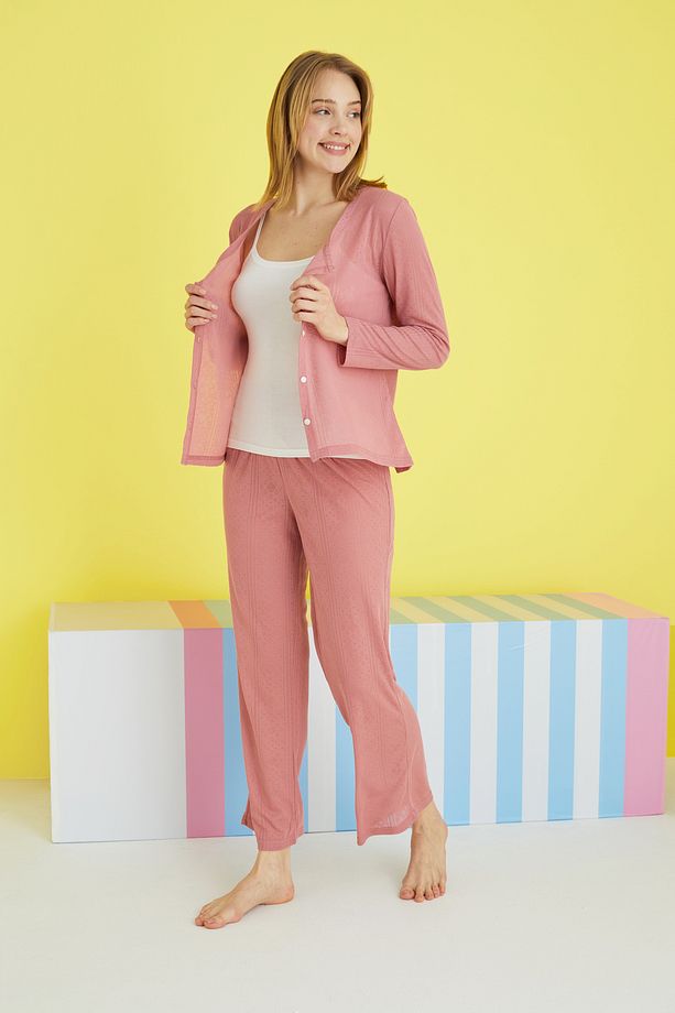pudra 3'lü Pointel Ajurlu/Delikli Örme Atletli Pijama Takım - 2