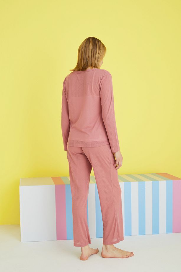 pudra 3'lü Pointel Ajurlu/Delikli Örme Atletli Pijama Takım - 4