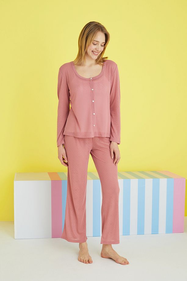 pudra 3'lü Pointel Ajurlu/Delikli Örme Atletli Pijama Takım - 1