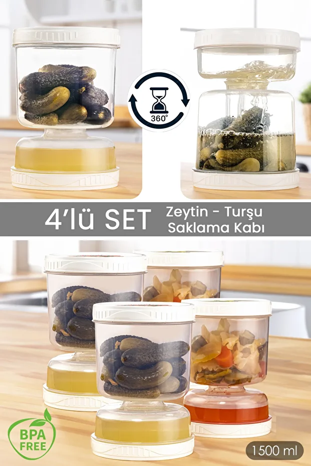 Set of 4 with Strainer, Leakproof, Turning and Use Olive Bowl Storage Container 1.5 Lt Transparent - 2