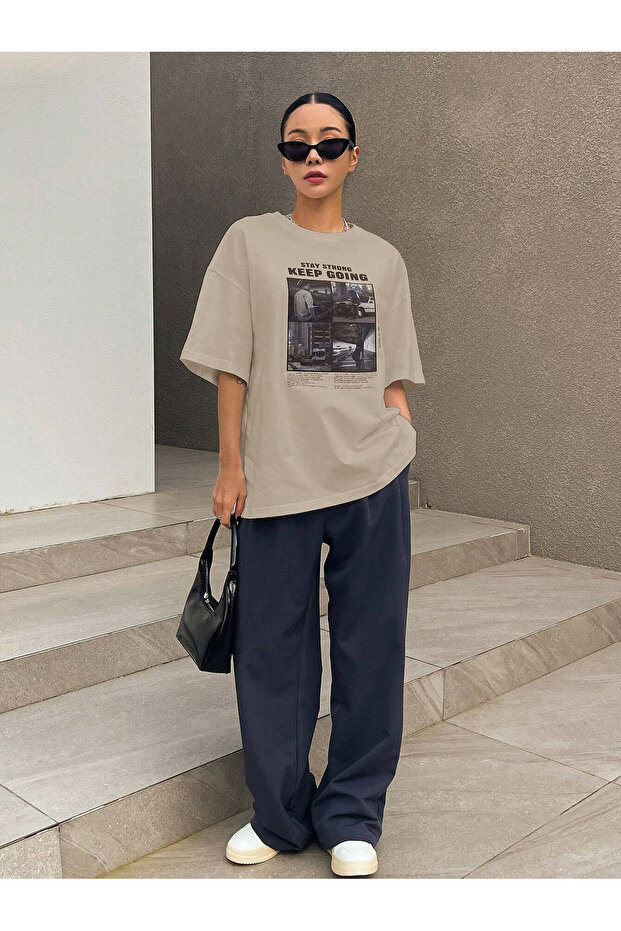 bej keep going baskılı unisex Oversize T-shirt - 1