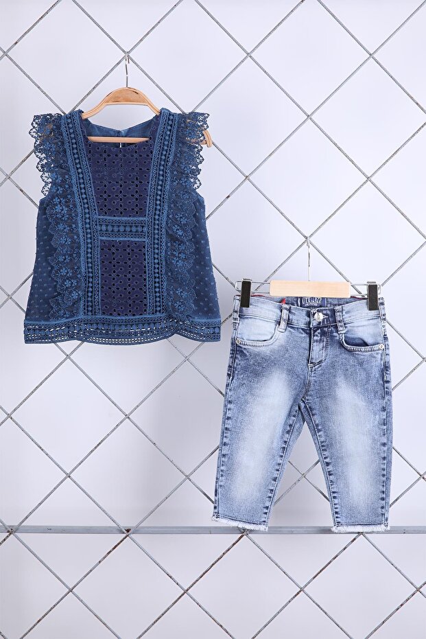 1-8 Years Stylish Girl's Front Ruffle Denim Capri Suit 3123