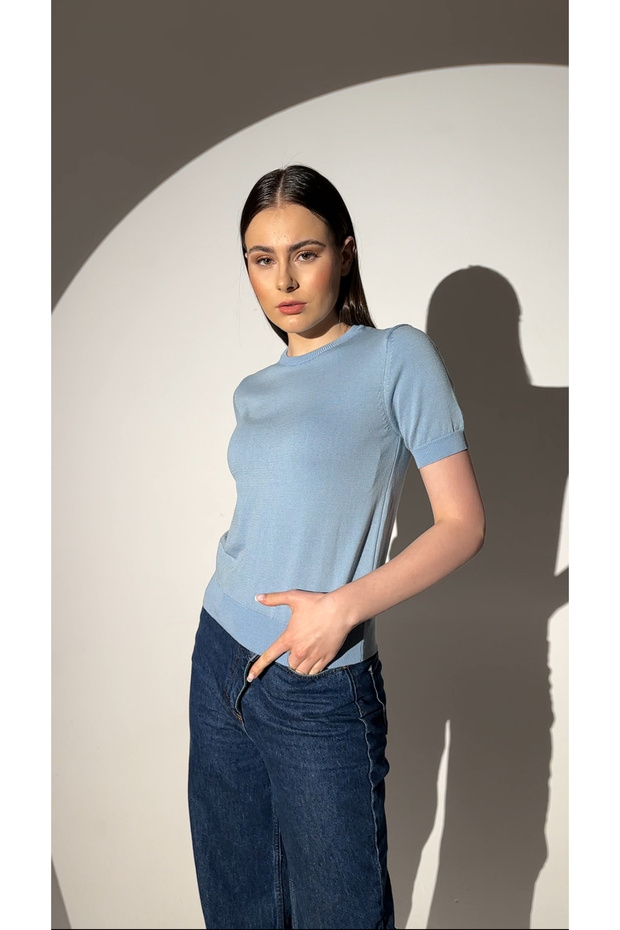 Basıc Kısa Kollu Triko Kazak-mavi - 1