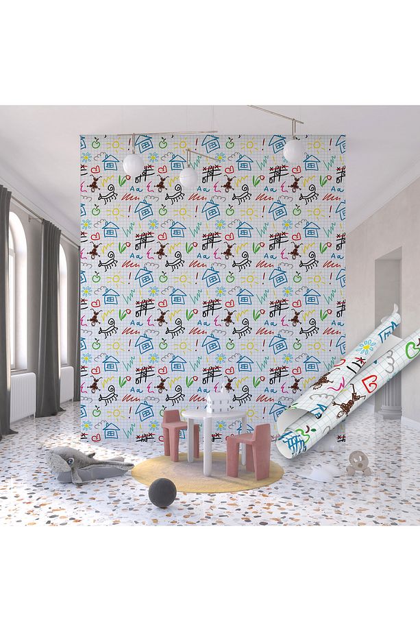 Renkli Doodle Desenli Yapışkanlı Folyo, Kreş, Çocuk Odası Sticker Dolap ve Masa Kaplama Folyosu 1214 - 8