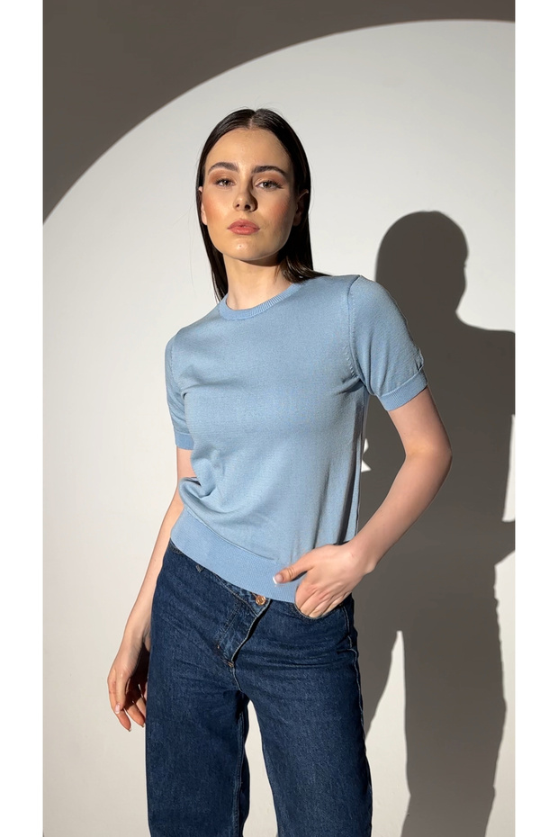 Basıc Kısa Kollu Triko Kazak-mavi - 2