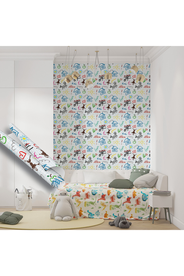 Renkli Doodle Desenli Yapışkanlı Folyo, Kreş, Çocuk Odası Sticker Dolap ve Masa Kaplama Folyosu 1214 - 4