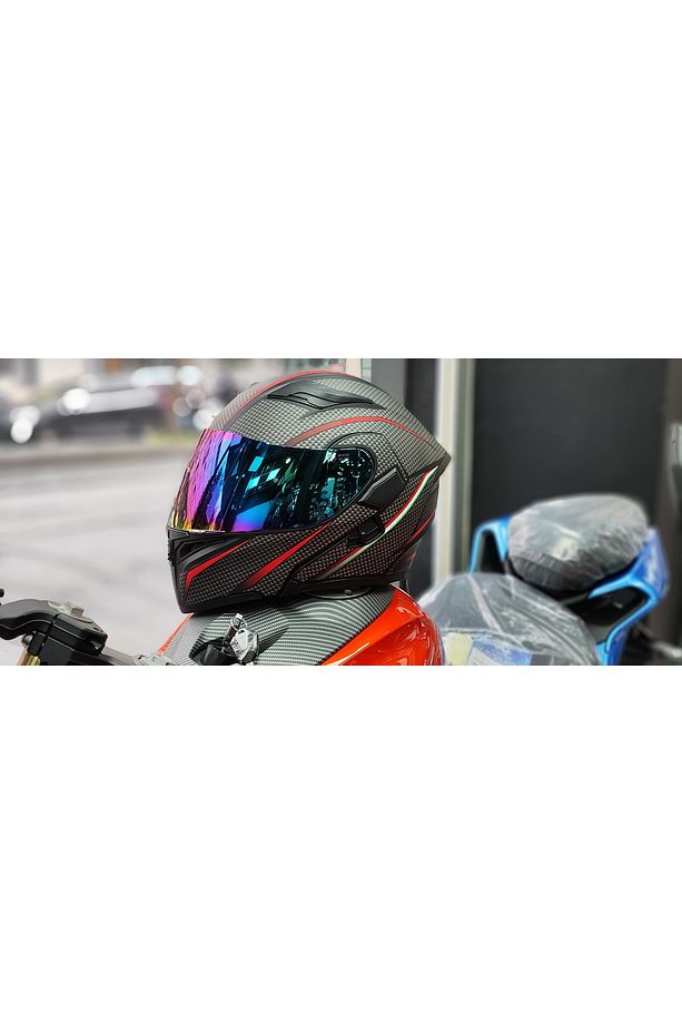 JK902 GÜNEŞ VİZÖRLÜ ÇENE PEDLİ ÇENE AÇILIR KARBON DESEN KASK(AYNALI CAMLI) - 1