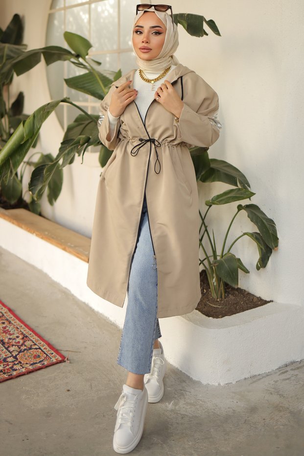 61658 Shiny Sleeve Detailed Trench Coat Stone Color