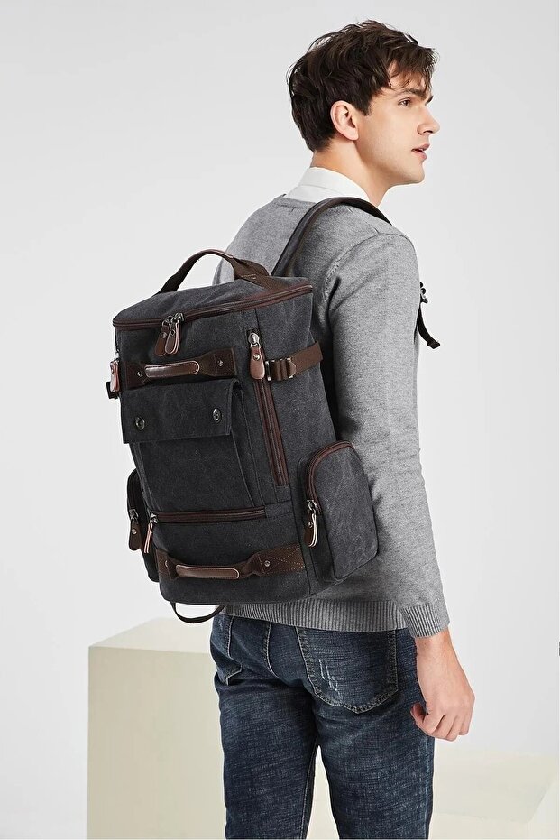 حقيبة ظهر قماشية سوداء للجنسين متعددة الأقسام - 1