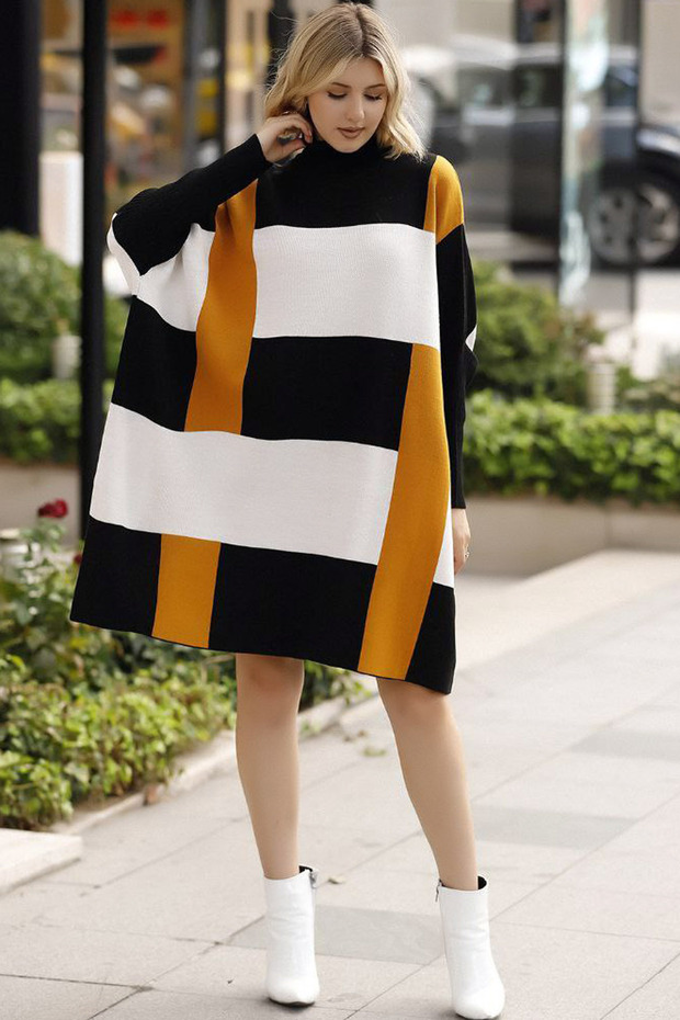 Turtleneck Long Ribbed Sleeve Color Block Plaid Midi Length Loose Cut Winter Knitwear Poncho Sweater