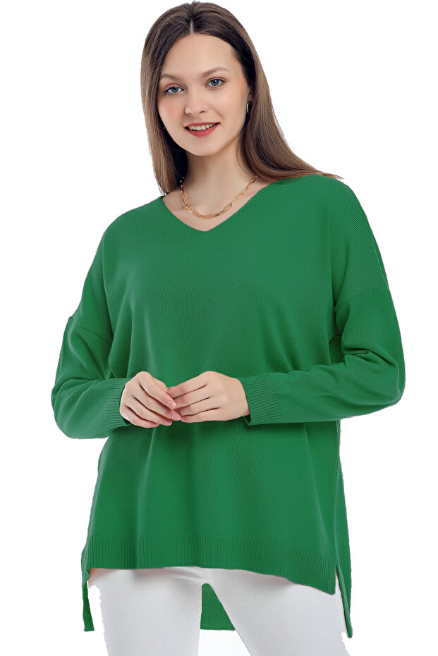 V-neck Long T Sleeve Back Long Front Short Slit Loose Cut Seasonal Basic Loose Knitwear Sweater