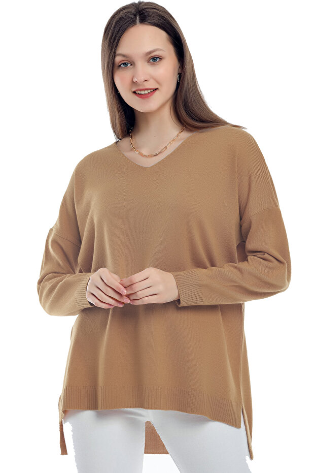V-neck Long T Sleeve Back Long Front Short Slit Loose Cut Seasonal Basic Loose Knitwear Sweater