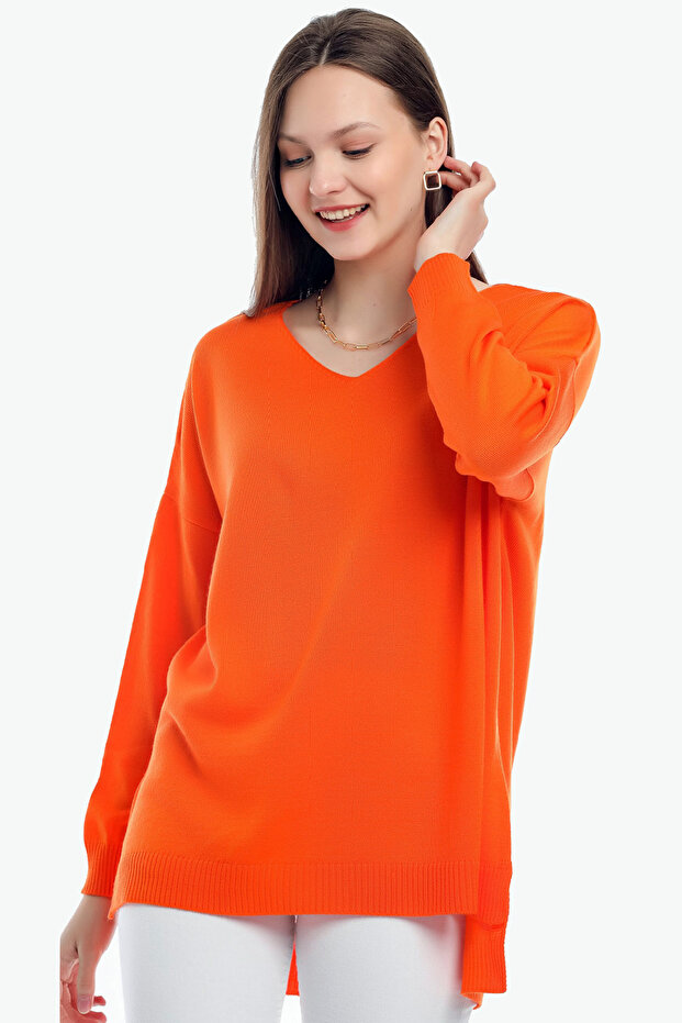 V-neck Long T Sleeve Back Long Front Short Slit Loose Cut Seasonal Basic Loose Knitwear Sweater