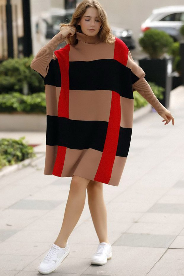 Turtleneck Long Ribbed Sleeve Color Block Plaid Midi Length Loose Cut Winter Knitwear Poncho Sweater