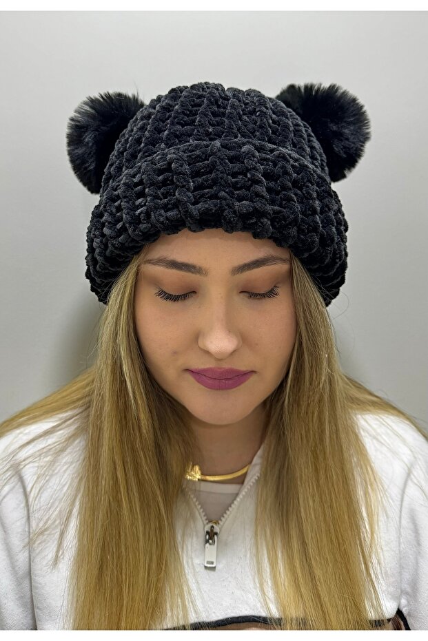 Black Velvet Plush Pompom Knitted Hat Beanie