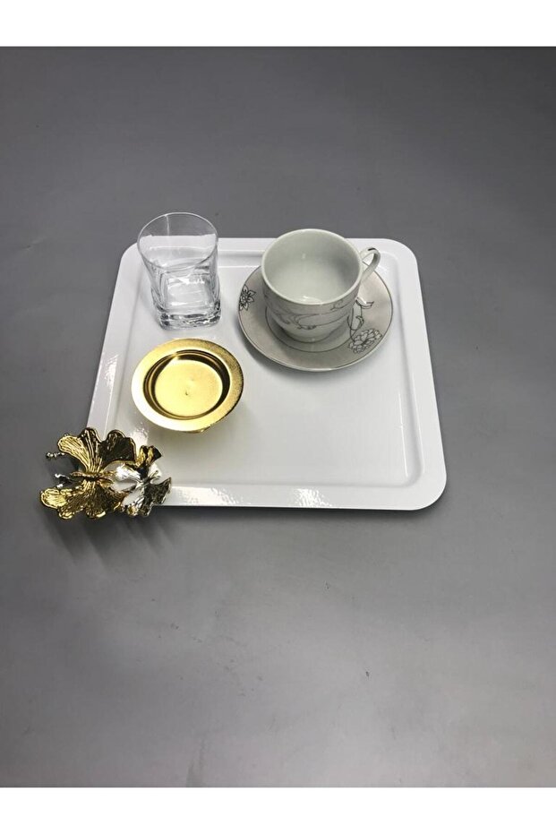 Stainless Steel Square White Coffee, Tea, Decorative Presentation Serving Tray with Luxury Butterfly Accessories