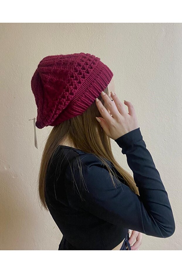 Women's Winter Burgundy Color Patterned Beret - Hat - Valentine's Day Gift