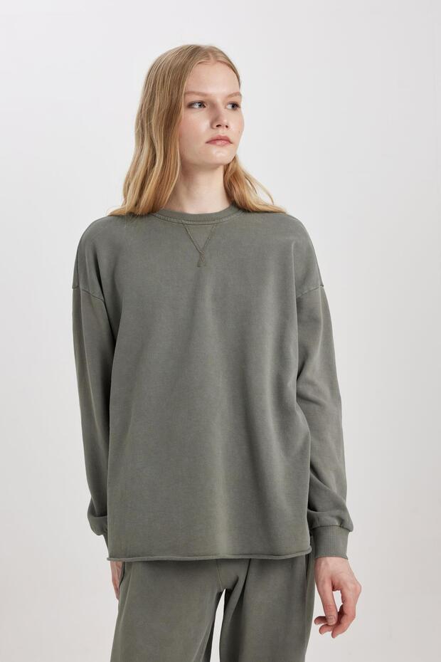 Relax Fit Bisiklet Yaka Yıkamalı Soluk Efektli Sweatshirt C2816ax24sp - 3