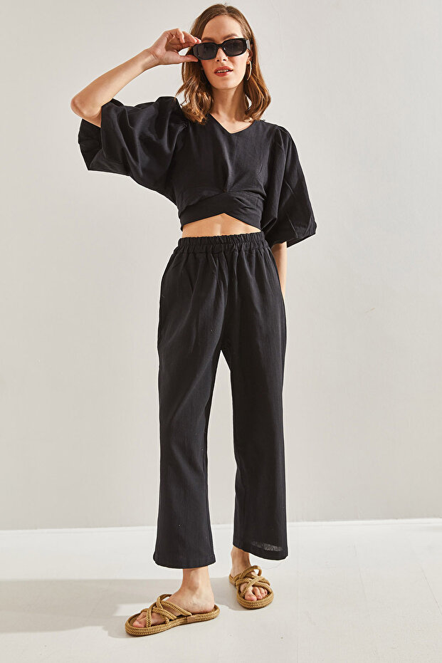 Women's Black Tie-Front Balloon Sleeve Detailed Top and Bottom Set 60111023