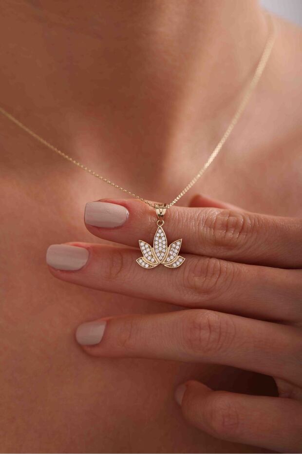 14 Ayar Altın Taşlı Lotus Çiçeği Kolye Ucu - 4