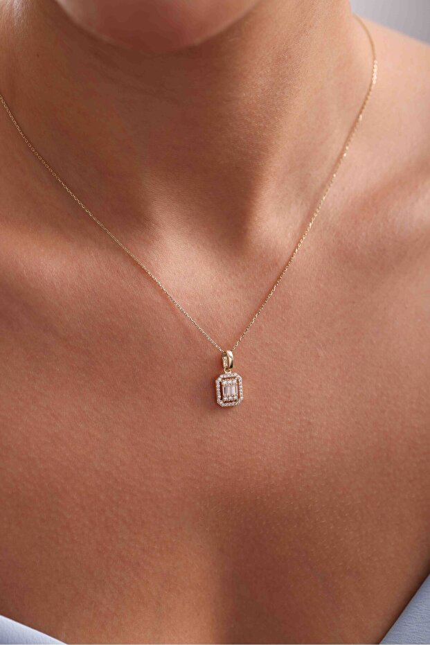 14 Ayar Altın Taşlı Sarı Altın Baget Kolye Ucu - 3