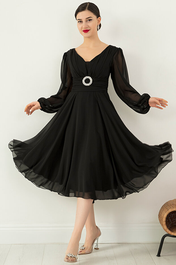 Tokalı Kemerli Şifon Elbise 1449 - 6