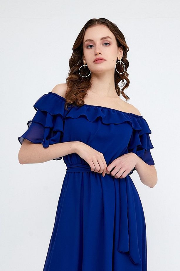 Saks Fırfır Yaka Madonna Kuşaklı Astarlı Elbise - 3