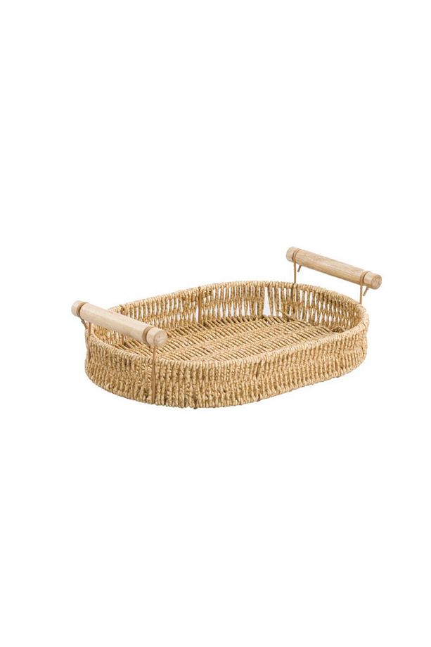 SENTETİK HASIR OVAL AHŞAP KULPLU TEPSİ 40CM - 1
