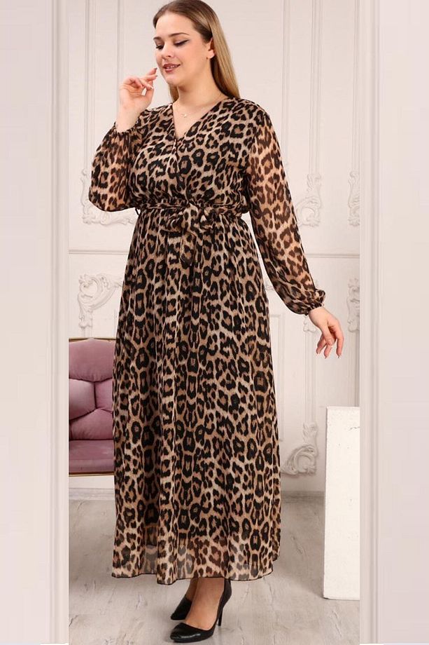 Siyah Leopar Desen Astarlı Maxi Büyük Beden Şifon Kruvaze Elbise - 2