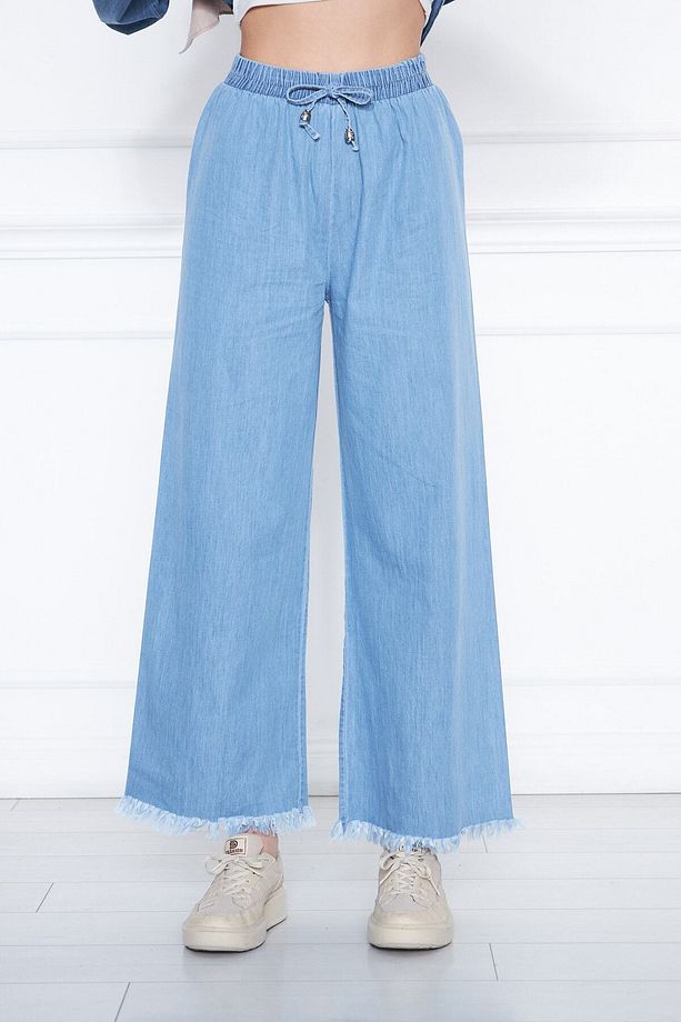 Kadın Mavi Yazlık Paçası Püsküllü Ve Önü Bağcıklı Şık Trend Yıkamalı Salaş Kot Pantalon - 1