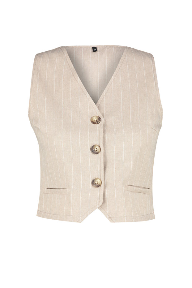 Bej Çizgili Düğmeli Crop Dokuma Bluz TWOSS24BZ00173 - 8