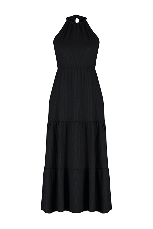 Siyah*001 Boyundan Bağlamalı Baskılı A-Line Maxi Örme Maxi Elbise TWOSS23EL00705 - 7