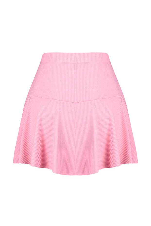 Pembe Düz Yüksek Bel Mini Eteği Fırfırlı Örme Şort Etek TWOSS21SR0621 - 8
