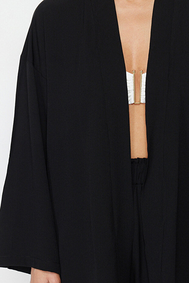 Siyah Dokuma Plaj Mini Yüksek Bel Kimono-Şort Takım TBESS23AU00089 - 5