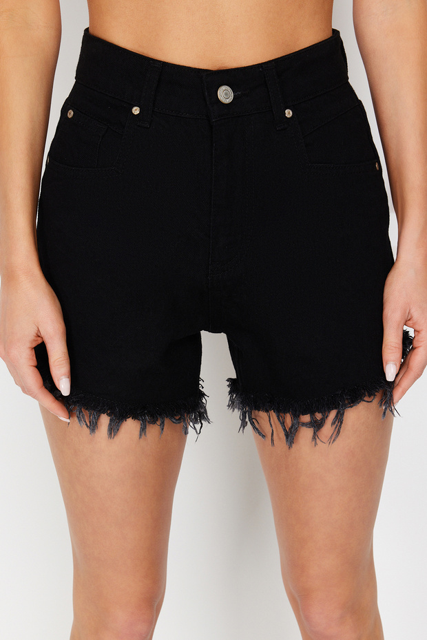 Siyah Denim Mini Regular Yüksek Bel Plaj Şort TBESS22SR0395 - 4