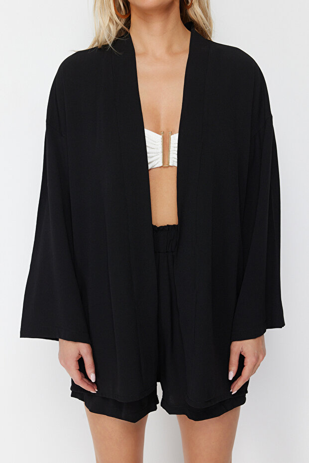Siyah Dokuma Plaj Mini Yüksek Bel Kimono-Şort Takım TBESS23AU00089 - 4