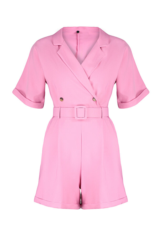 Pembe Kemerli Kurvaze Yaka Mini Dokuma Tulum TWOSS19WX0112 - 8
