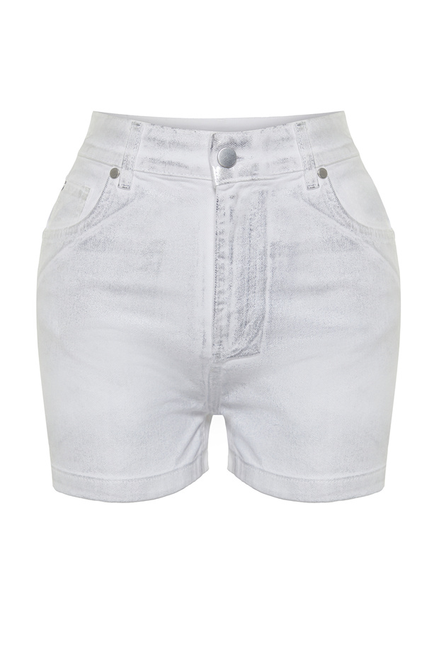 Beyaz Parlak Metalik Baskılı Denim Şort TWOSS24SR00029 - 7