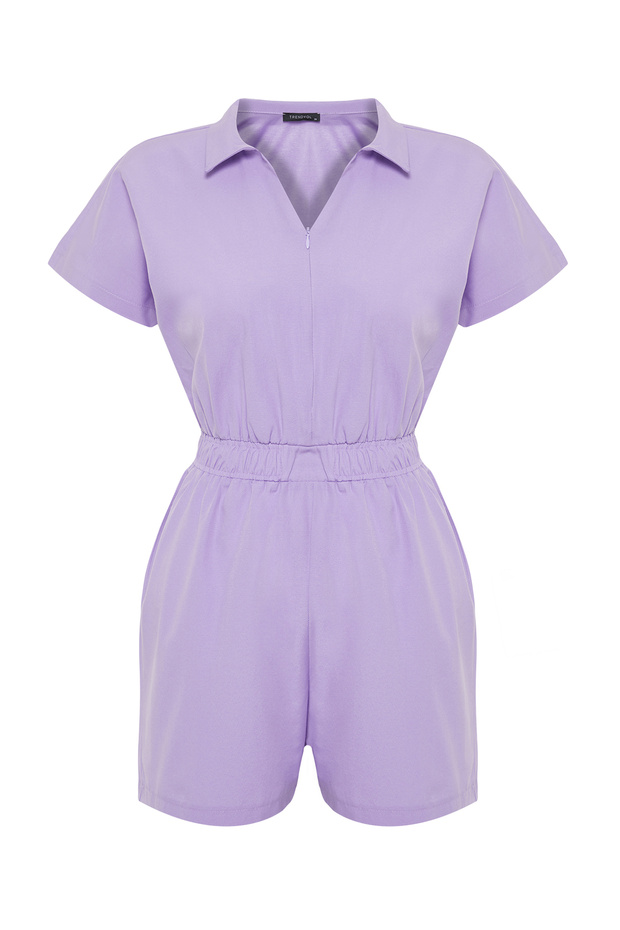Lila Beli Lastikli Geniş Paça Mini Dokuma Tulum TWOSS22TU0014 - 9