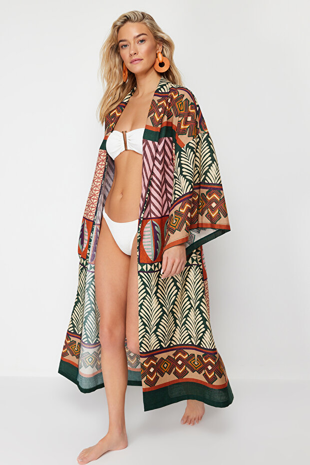 Etnik Desenli Dokuma Maxi Plaj Kuşaklı Kimono&Kaftan TBESS24KM00022 - 1