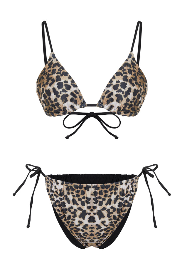 Leopar Desenli Çift Taraf Kullanımlı Üçgen Kaplı Brazilian Düşük Bel Bikini Takımı TBESS24BT00108 - 7